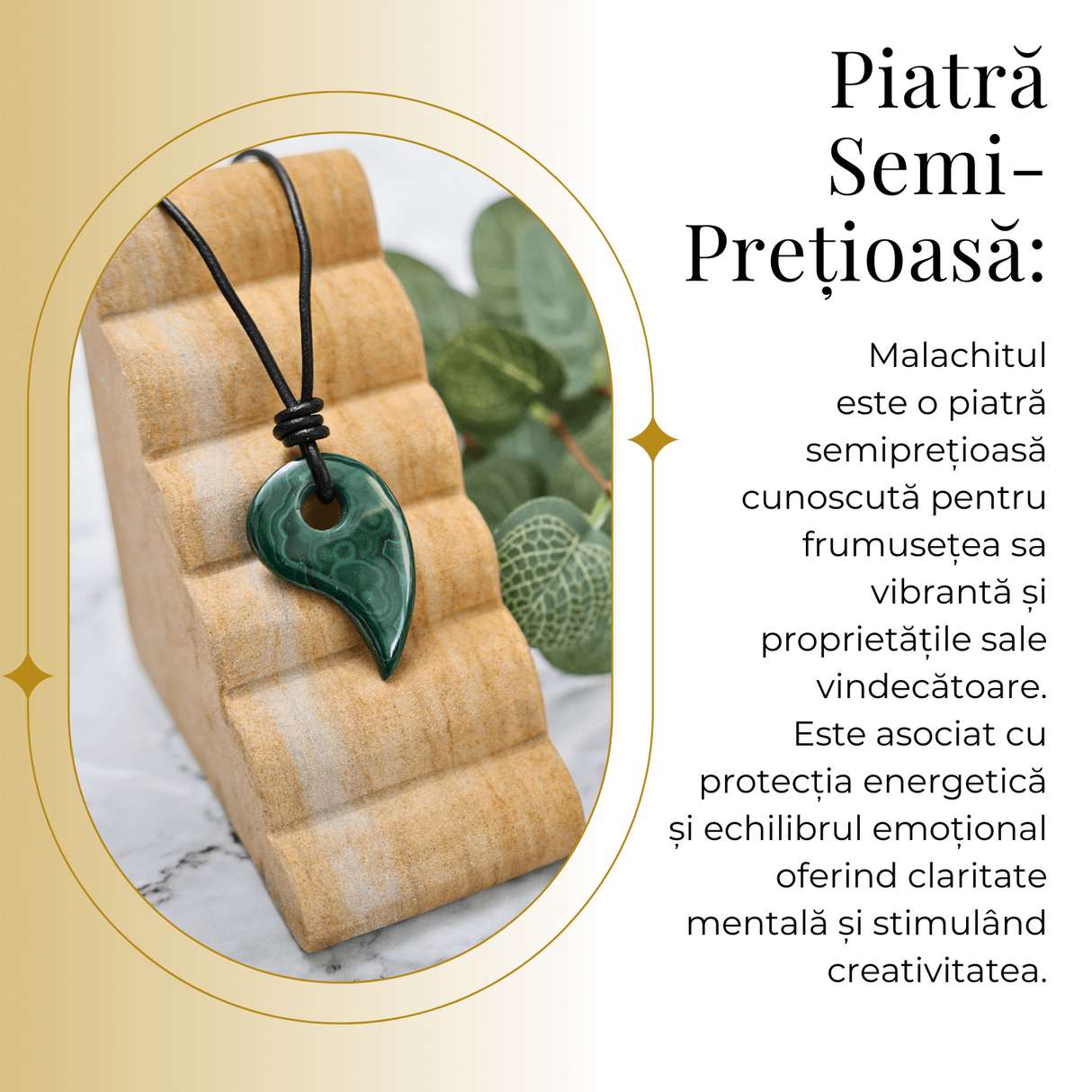 Colier cu Lant din Piele Ajustabil si Pandantiv 45mm in Forma de Virgula din Malachit Natural
