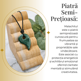 Colier cu Lant din Piele Ajustabil si Pandantiv 45mm in Forma de Virgula din Malachit Natural