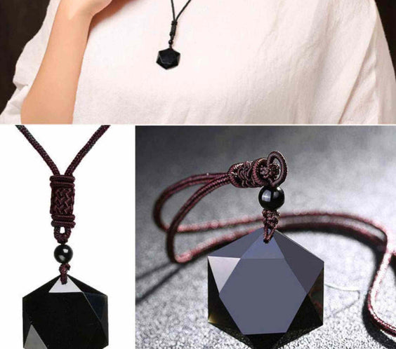 Colier hexagrama realizat din obsidian negru natural - Cristal care protejeaza de afectarea cu energii negative