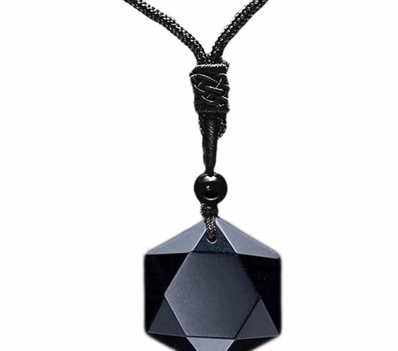 Colier hexagrama realizat din obsidian negru natural - Cristal care protejeaza de afectarea cu energii negative