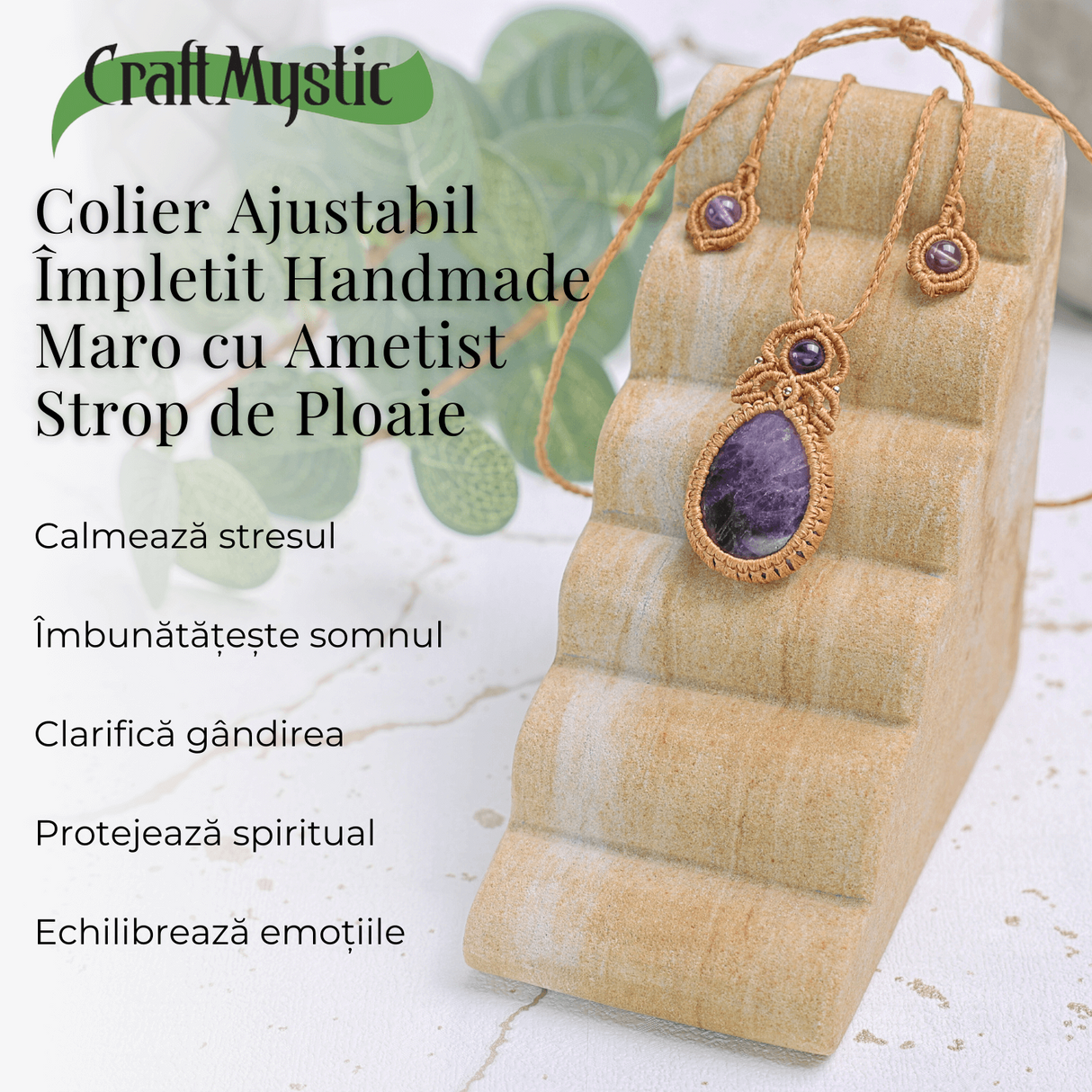 Colier Ajustabil Handmade cu Ametist "Strop de Ploaie" – Maro, Lungime Maxima 45 cm