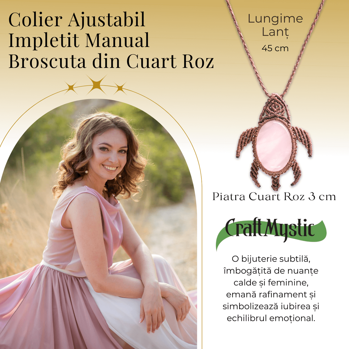 Colier Ajustabil Handmade cu Cristal de Cuart Roz in Broscuta Impletita – Lungime Maxima 45 cm
