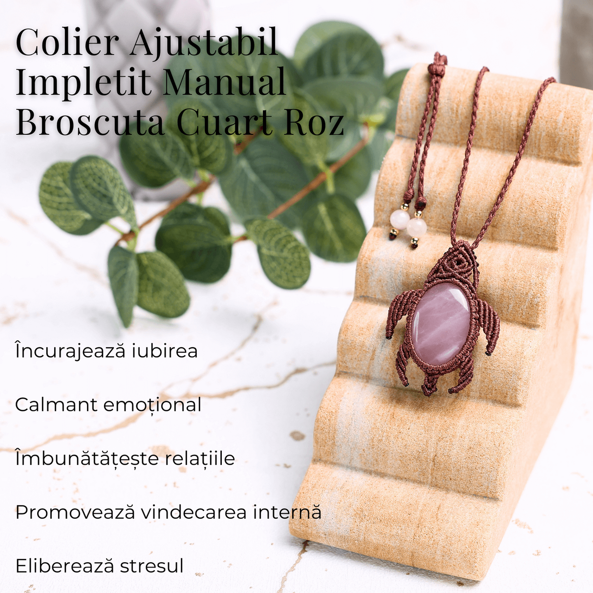 Colier Ajustabil Handmade cu Cristal de Cuart Roz in Broscuta Impletita – Lungime Maxima 45 cm