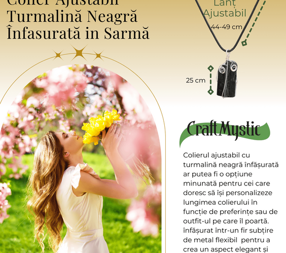 Colier Ajustabil cu Pandantiv din Turmalina Neagra Infasurata in Sarma, 25mm