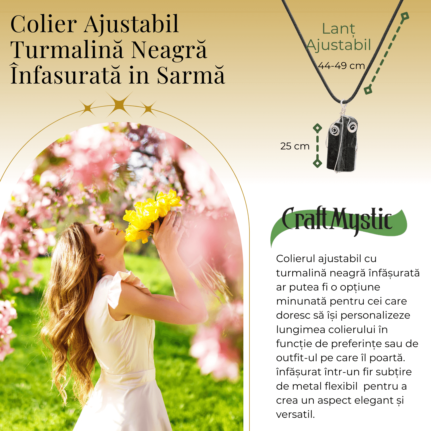 Colier Ajustabil cu Pandantiv din Turmalina Neagra Infasurata in Sarma, 25mm