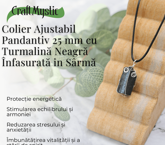Colier Ajustabil cu Pandantiv din Turmalina Neagra Infasurata in Sarma, 25mm