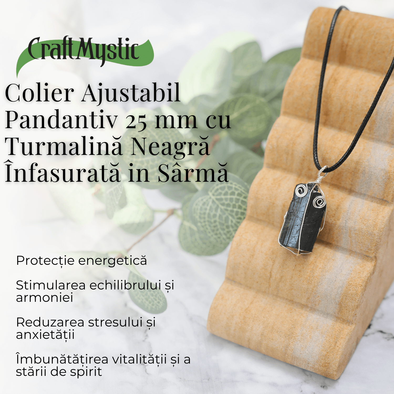 Colier Ajustabil cu Pandantiv din Turmalina Neagra Infasurata in Sarma, 25mm