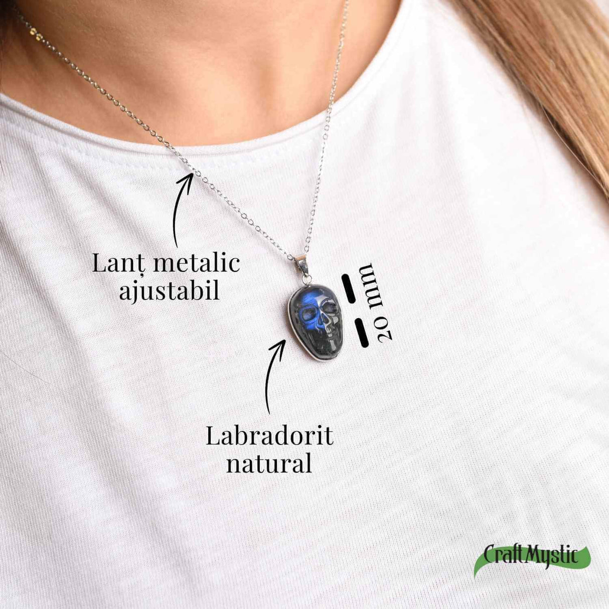 Colier ajustabil craniu labradorit natural, protectie si putere interioara