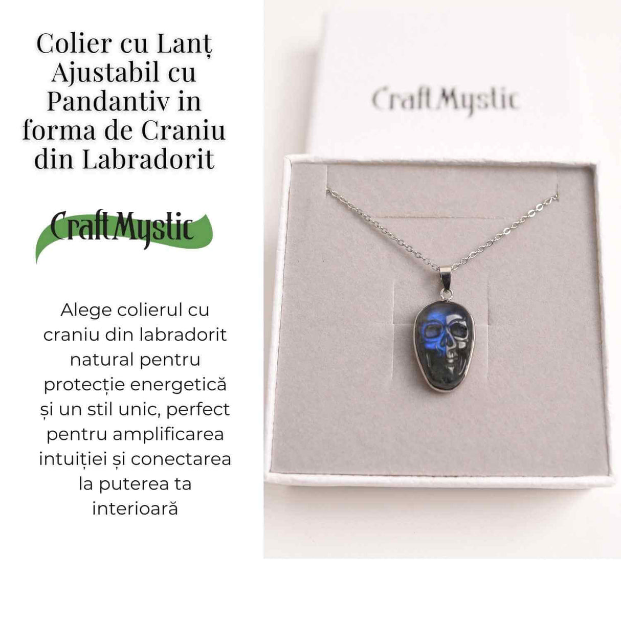 Colier ajustabil craniu labradorit natural, protectie si putere interioara