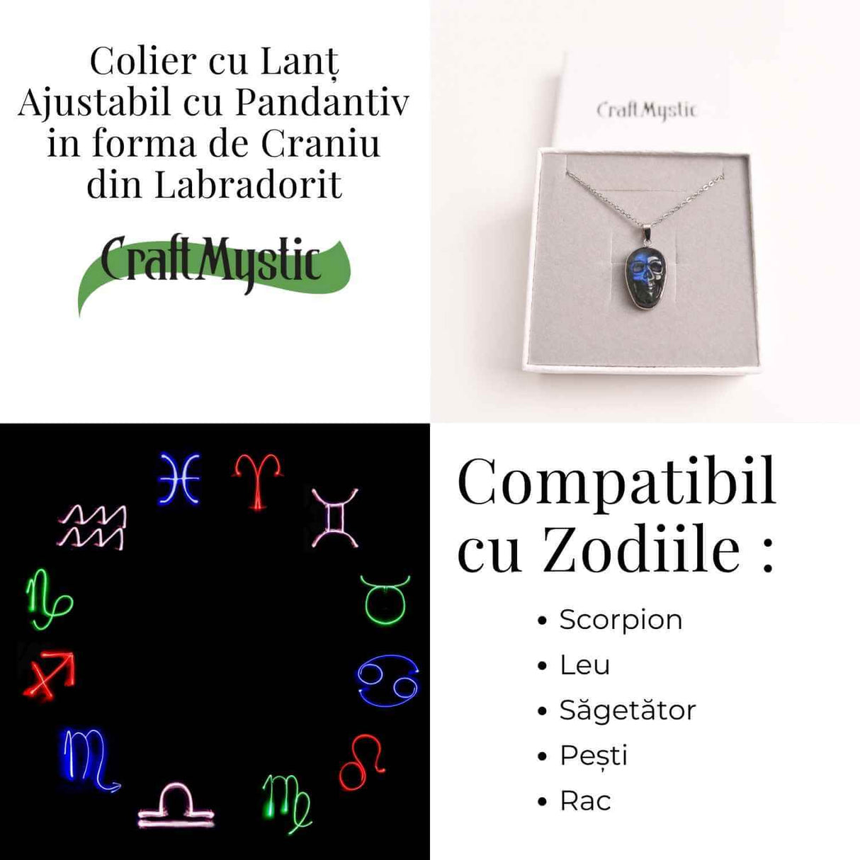 Colier ajustabil craniu labradorit natural, protectie si putere interioara