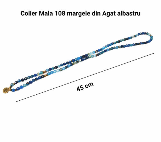 Dubla utilizare Bratara/Colier cu Simbolul Yoga si 108 de Margele Mala 8mm din Agat Albastru Accesoriu Spiritual pentru Meditatie si Bijuterie pentru Femei si Barbati