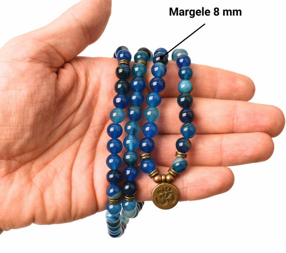 Dubla utilizare Bratara/Colier cu Simbolul Yoga si 108 de Margele Mala 8mm din Agat Albastru Accesoriu Spiritual pentru Meditatie si Bijuterie pentru Femei si Barbati