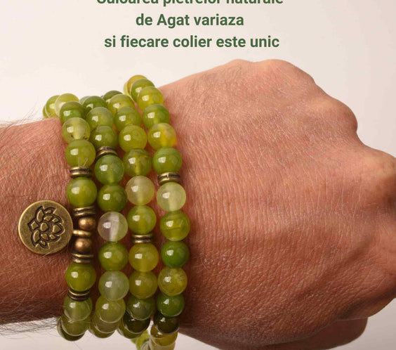 Dubla utilizare Bratara/Colier Mala din Agat Verde cu 108 Margele de 8mm Ajustabila si Elastica, cu Simbolul Lotus si Viata pentru Yoga