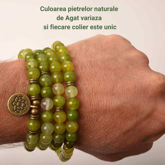 Bratara si Colier Mala din Agat Verde cu 108 Margele de 8mm Ajustabila si Elastica, cu Simbolul Lotus si Viata pentru Yoga
