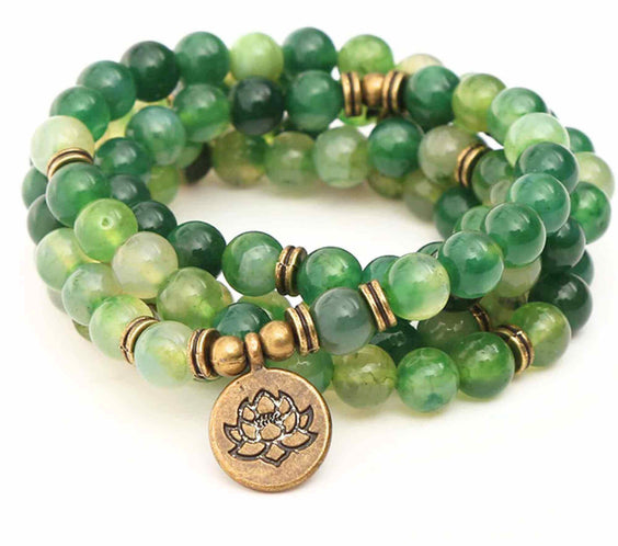 Dubla utilizare Bratara/Colier Mala din Agat Verde cu 108 Margele de 8mm Ajustabila si Elastica, cu Simbolul Lotus si Viata pentru Yoga