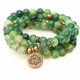 Dubla utilizare Bratara/Colier Mala din Agat Verde cu 108 Margele de 8mm Ajustabila si Elastica, cu Simbolul Lotus si Viata pentru Yoga