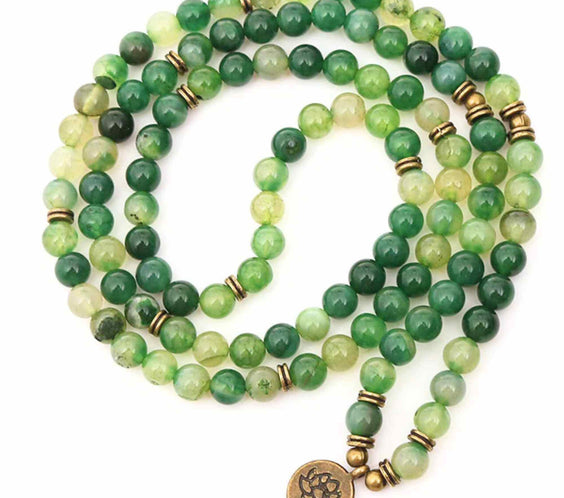 Bratara si Colier Mala din Agat Verde cu 108 Margele de 8mm Ajustabila si Elastica, cu Simbolul Lotus si Viata pentru Yoga
