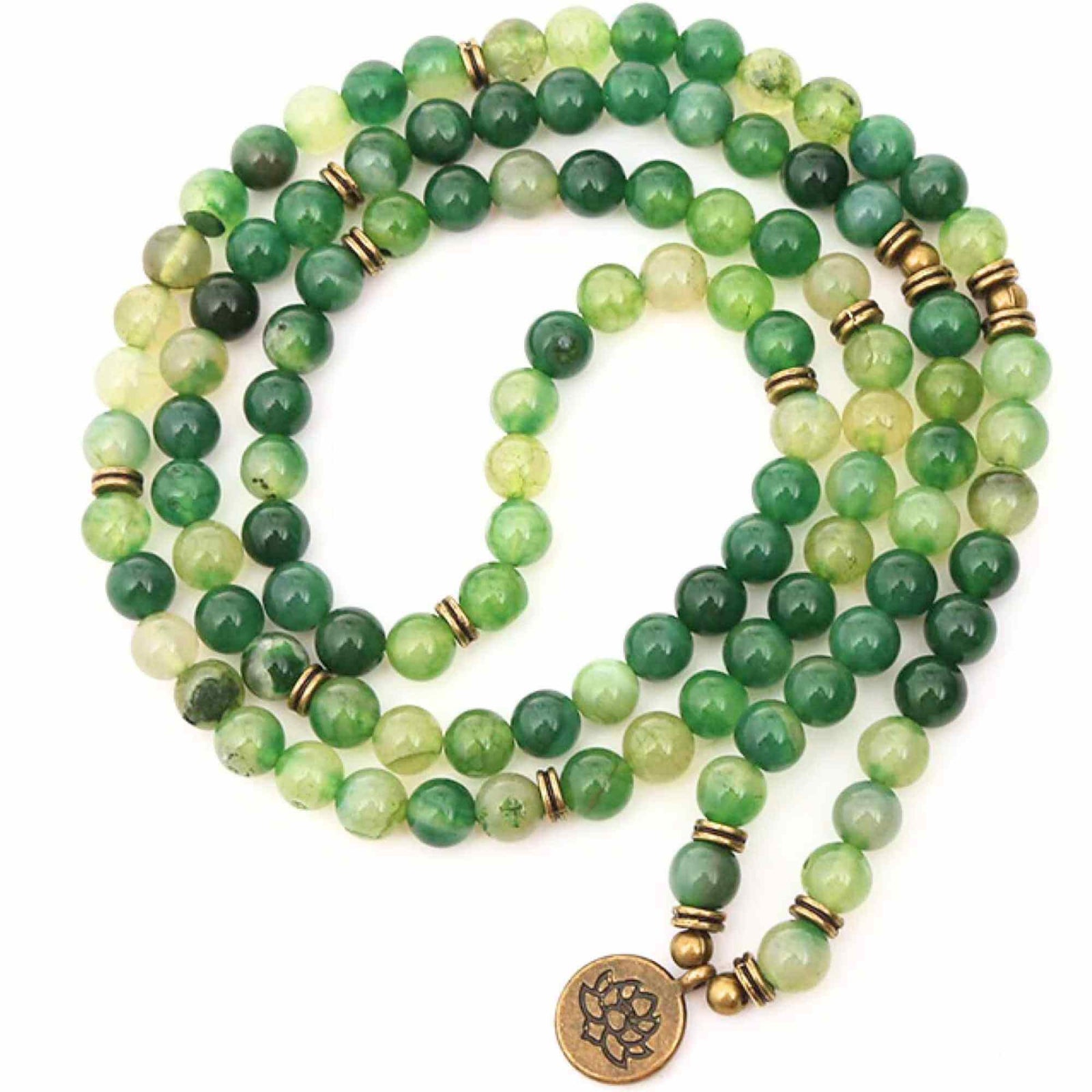 Bratara si Colier Mala din Agat Verde cu 108 Margele de 8mm Ajustabila si Elastica, cu Simbolul Lotus si Viata pentru Yoga