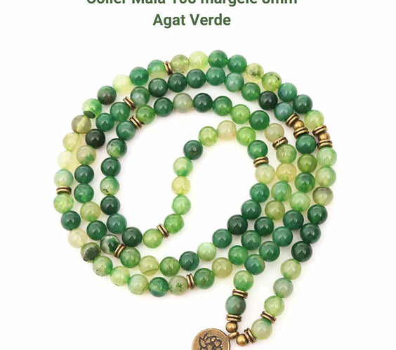 Dubla utilizare Bratara/Colier Mala din Agat Verde cu 108 Margele de 8mm Ajustabila si Elastica, cu Simbolul Lotus si Viata pentru Yoga