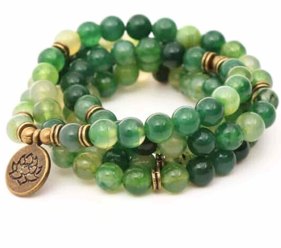 Dubla utilizare Bratara/Colier Mala din Agat Verde cu 108 Margele de 8mm Ajustabila si Elastica, cu Simbolul Lotus si Viata pentru Yoga