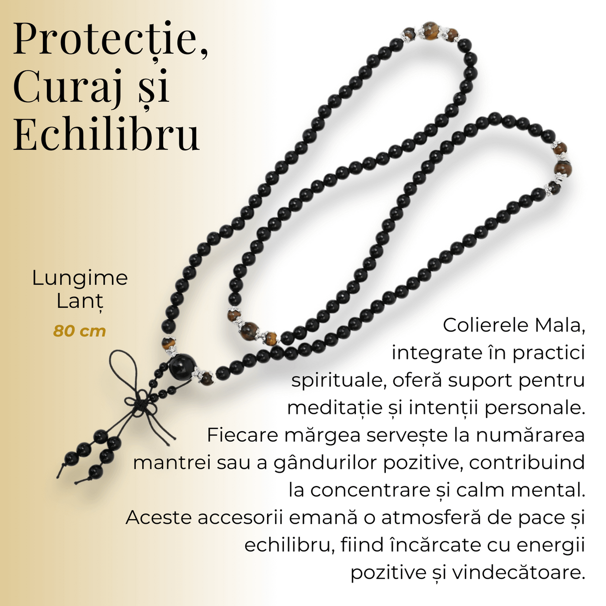 Colier Mala cu 108 Pietre din Obsidian și Ochi de Tigru