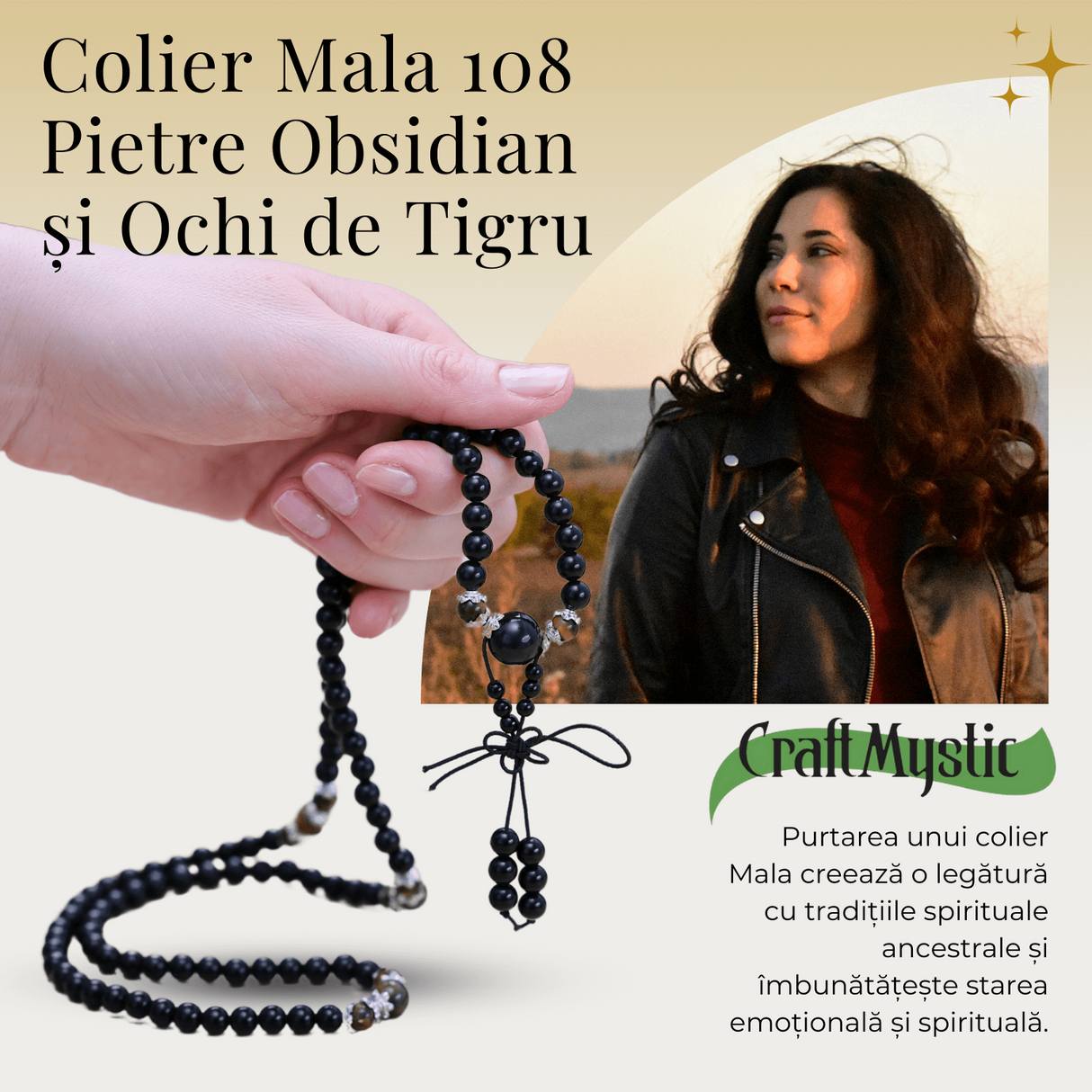 Colier Mala cu 108 Pietre din Obsidian și Ochi de Tigru