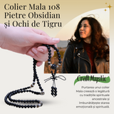 Colier Mala cu 108 Pietre din Obsidian și Ochi de Tigru