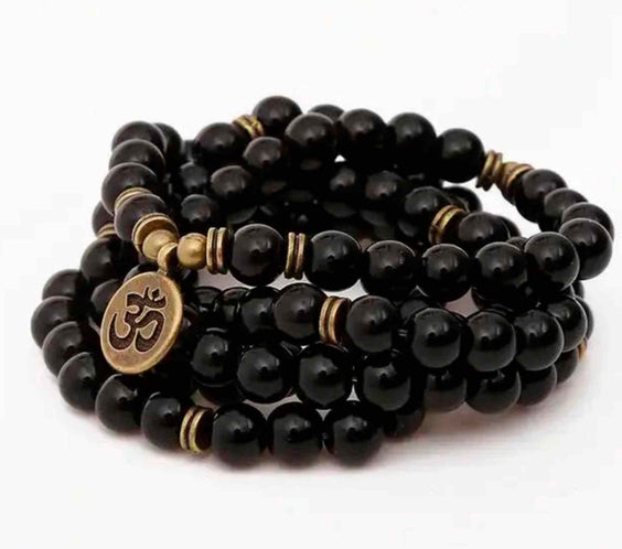 Dubla utilizare Bratara/Colier Mala cu 108 Margele de Obsidian Negru, Bijuterie pentru Meditatie si Yoga