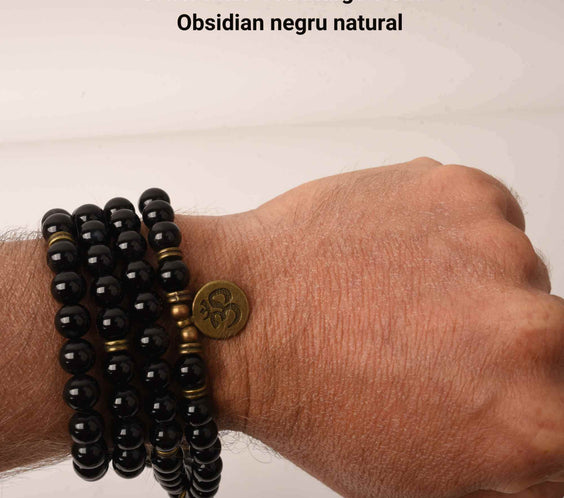 Dubla utilizare Bratara/Colier Mala cu 108 Margele de Obsidian Negru, Bijuterie pentru Meditatie si Yoga