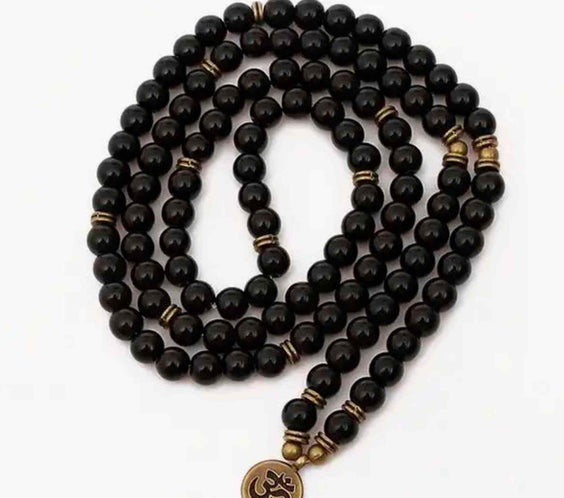 Bratara Colier Mala cu 108 Margele de Obsidian Negru, Bijuterie pentru Meditatie si Yoga