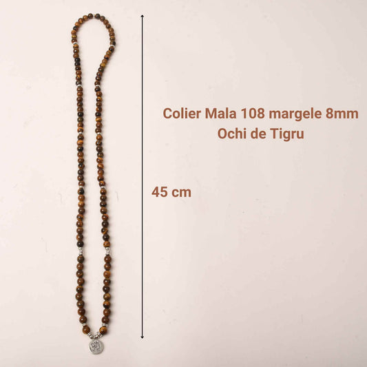Bratara si Colier Mala Ajustabil si Elastic cu 108 Margele de 8mm din Piatra Ochi de Tigru pentru Yoga