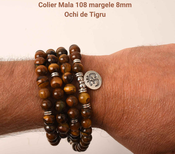 Bratara si Colier Mala Ajustabil si Elastic cu 108 Margele de 8mm din Piatra Ochi de Tigru pentru Yoga