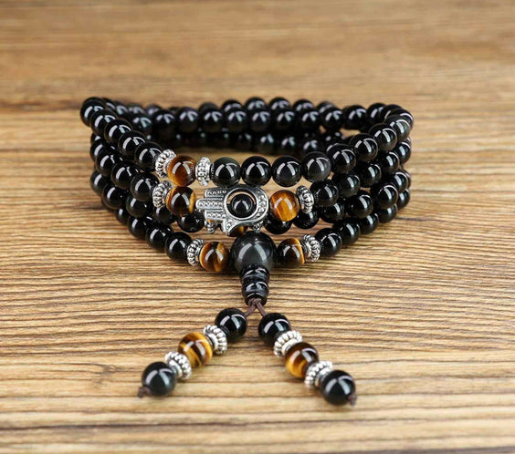 Dubla utilizare Bratara/Colier 108 Mala din Obsidian si Ochi de Tigru cu Mana Fatimei sau Hamsa