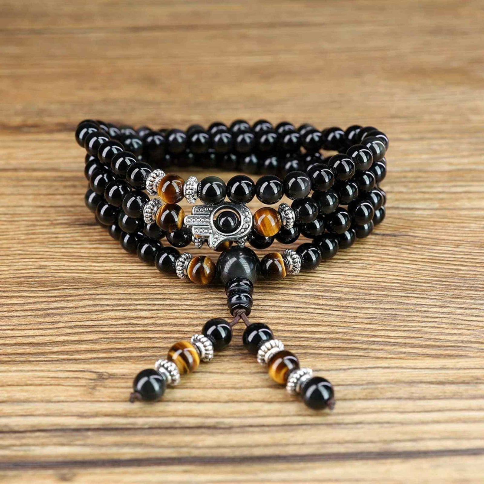 Dubla utilizare Bratara/Colier 108 Mala din Obsidian si Ochi de Tigru cu Mana Fatimei sau Hamsa