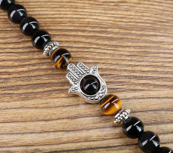 Dubla utilizare Bratara/Colier 108 Mala din Obsidian si Ochi de Tigru cu Mana Fatimei sau Hamsa