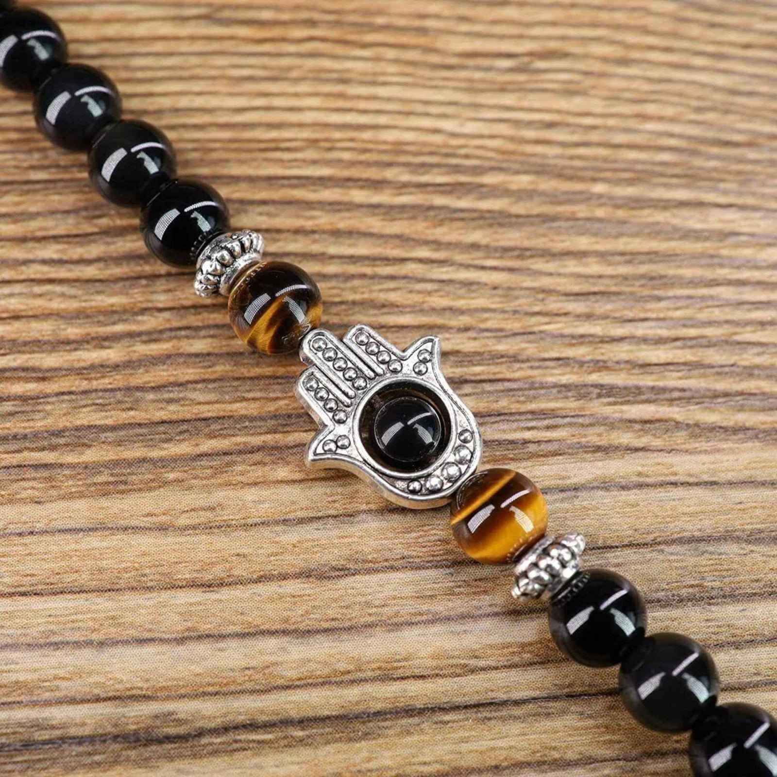 Dubla utilizare Bratara/Colier 108 Mala din Obsidian si Ochi de Tigru cu Mana Fatimei sau Hamsa