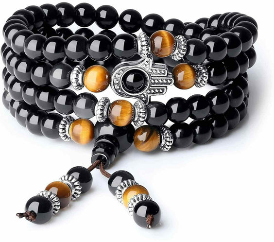Bratara-Colier 108 Mala din Obsidian si Ochi de Tigru cu Mana Fatimei sau Hamsa