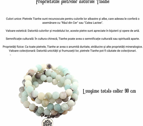 Colier - Bratara Mala cu 108 Margele 8mm din Pietre Naturale Tianhe Claritate Mentala, Protectie energii negative