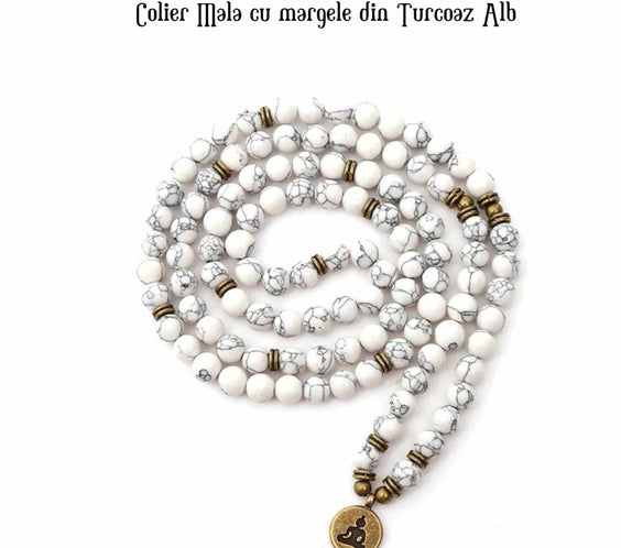Colier-Bratara Mala din Turcoaz Alb cu 108 Margele - Eleganta si Spiritualitate intr-un Singur Accesoriu