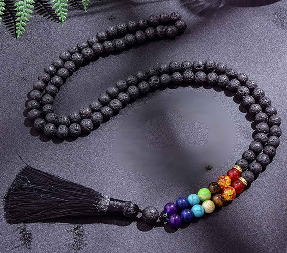 Colier Mala Rozariu cu Margele 8mm din Piatra de Lava Neagra Vulcanica si 7 pietre pentru cele 7 chakre
