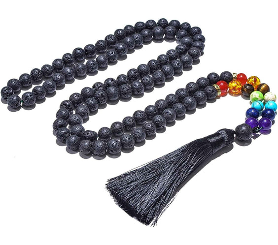 Colier Mala Rozariu cu Margele 8mm din Piatra de Lava Neagra Vulcanica si 7 pietre pentru cele 7 chakre