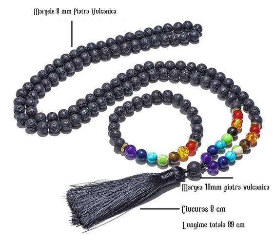Colier Mala Rozariu cu Margele 8mm din Piatra de Lava Neagra Vulcanica si 7 pietre pentru cele 7 chakre