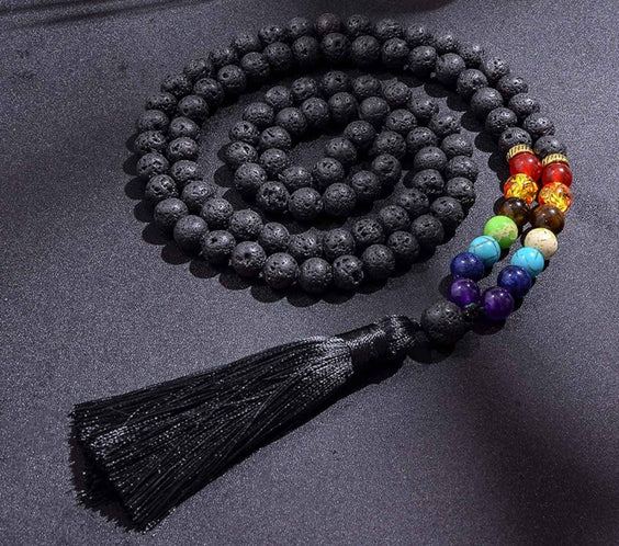 Colier Mala Rozariu cu Margele 8mm din Piatra de Lava Neagra Vulcanica si 7 pietre pentru cele 7 chakre