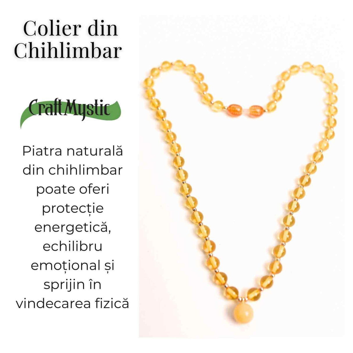 Colier cu Margele Chihlimbar Galben 6mm si Pandantiv 9mm – Protectie si Energizare
