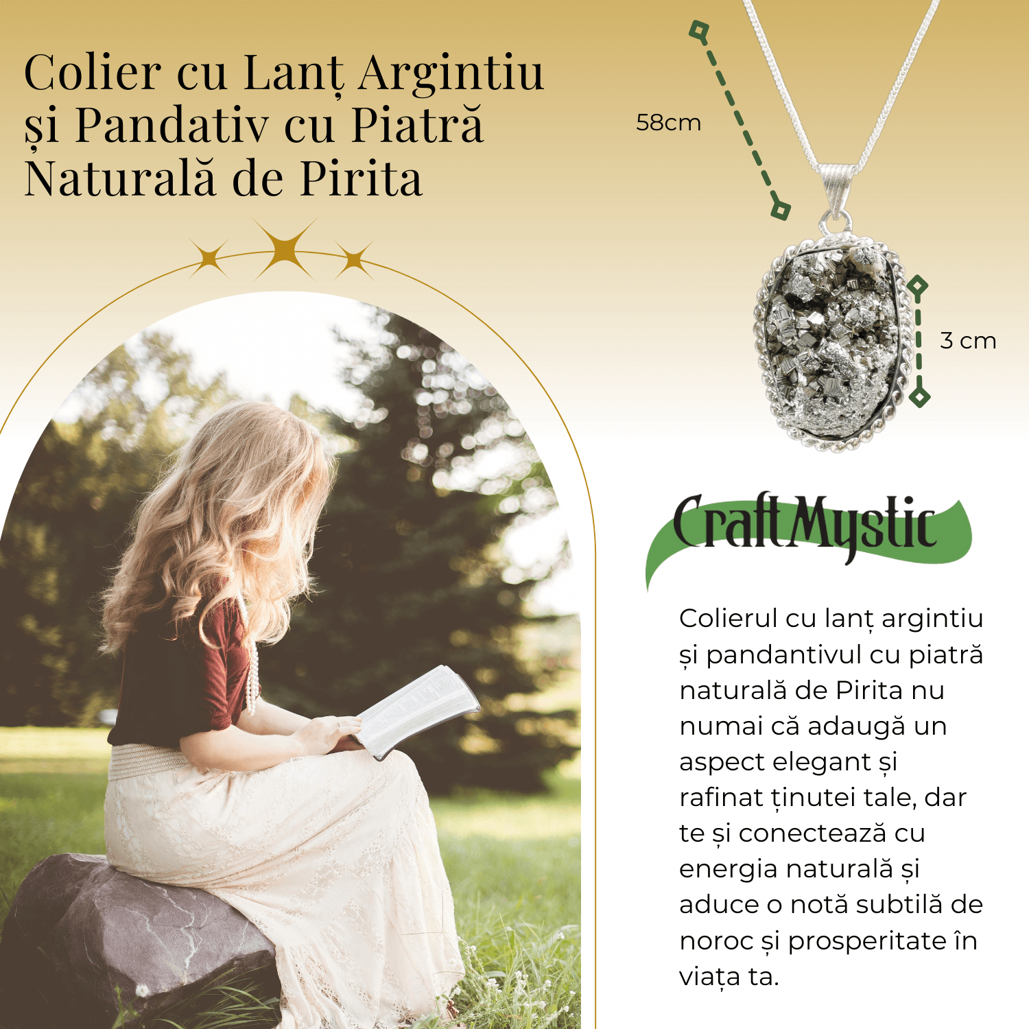 Colier Rafinat cu Piatra Naturala de Pirita 3-4 cm - Imbogateste-ti Viata cu Puterea Piritei