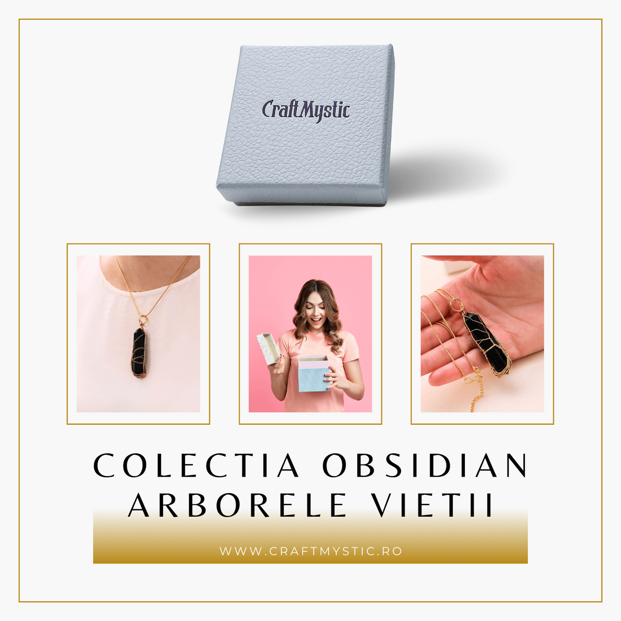 Colier cu Cristal Obsdian si infasurat cu sarma forma Arborele Vietii - Bijuterie Spirituala pentru Femei si Barbati