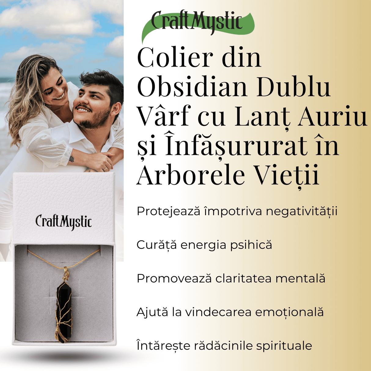 Colier cu Cristal Obsdian si infasurat cu sarma forma Arborele Vietii - Bijuterie Spirituala pentru Femei si Barbati