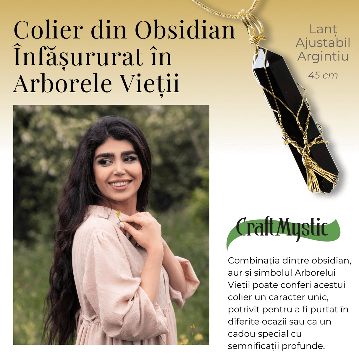 Colier cu Cristal Obsdian si infasurat cu sarma forma Arborele Vietii - Bijuterie Spirituala pentru Femei si Barbati