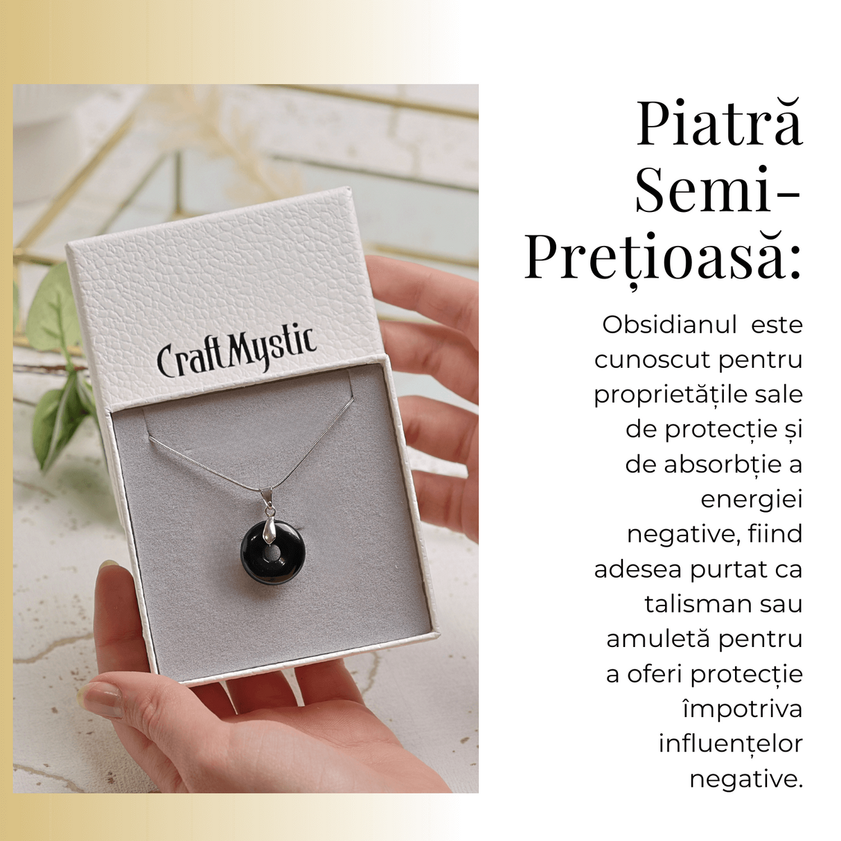 Colier cu Lant Argintiu si Pandantiv Obsidian in Forma de Gogosica, Lungime Totala 50 cm, Diametru Pandantiv 20 mm