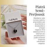 Colier cu Lant Argintiu si Pandantiv Obsidian in Forma de Gogosica, Lungime Totala 50 cm, Diametru Pandantiv 20 mm